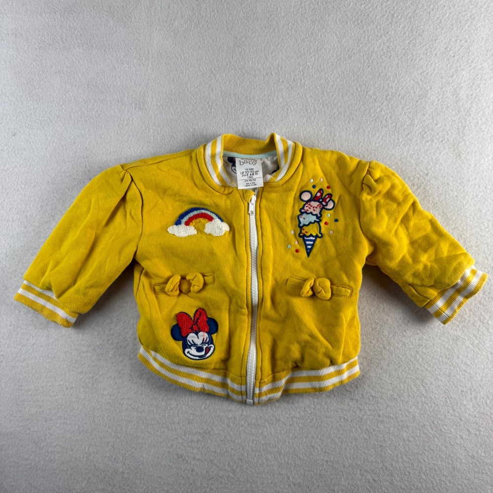 Disney Baby Minnie Mouse Yellow Varsity Bomber Jacket 18-24M Rainbow Patches